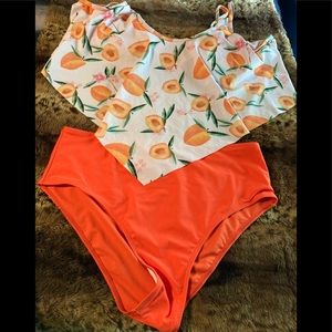 Swimsuit 2-Pc Peachy Print Top & Orange Bottoms XL